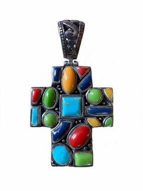 Vintage Ornate 925 Silver Scroll Pendant With Colorful Mosaic Cabochon